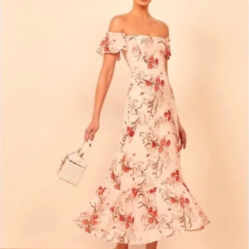 Reformation Women's Size 4 Cream Ivory Red Floral Midi Trumpet Skirt Long Dress